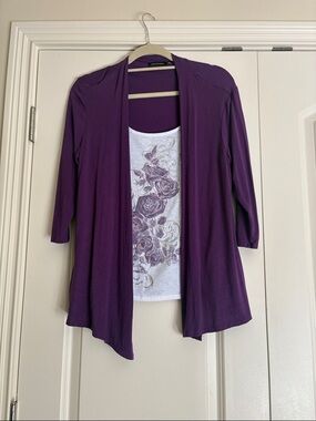 Notations Purple Open-Front Cardigan with Floral Tank Set